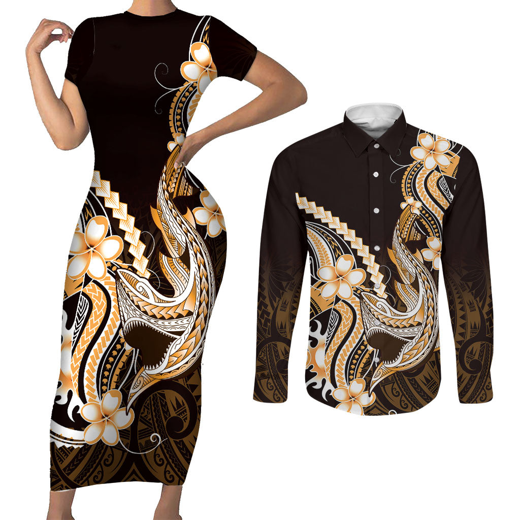 Orange Black Aloha Hawaii Couples Matching Short Sleeve Bodycon Dress and Long Sleeve Button Shirt Polynesian Shark Tattoo Plumeria LT14 Orange - Polynesian Pride