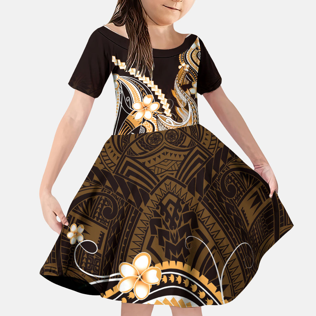Orange Black Aloha Hawaii Family Matching Long Sleeve Bodycon Dress and Hawaiian Shirt Polynesian Shark Tattoo Plumeria LT14 Daughter's Dress Orange - Polynesian Pride