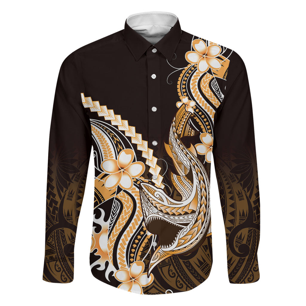 Orange Black Aloha Hawaii Family Matching Long Sleeve Bodycon Dress and Hawaiian Shirt Polynesian Shark Tattoo Plumeria LT14 Dad's Shirt - Long Sleeve Orange - Polynesian Pride