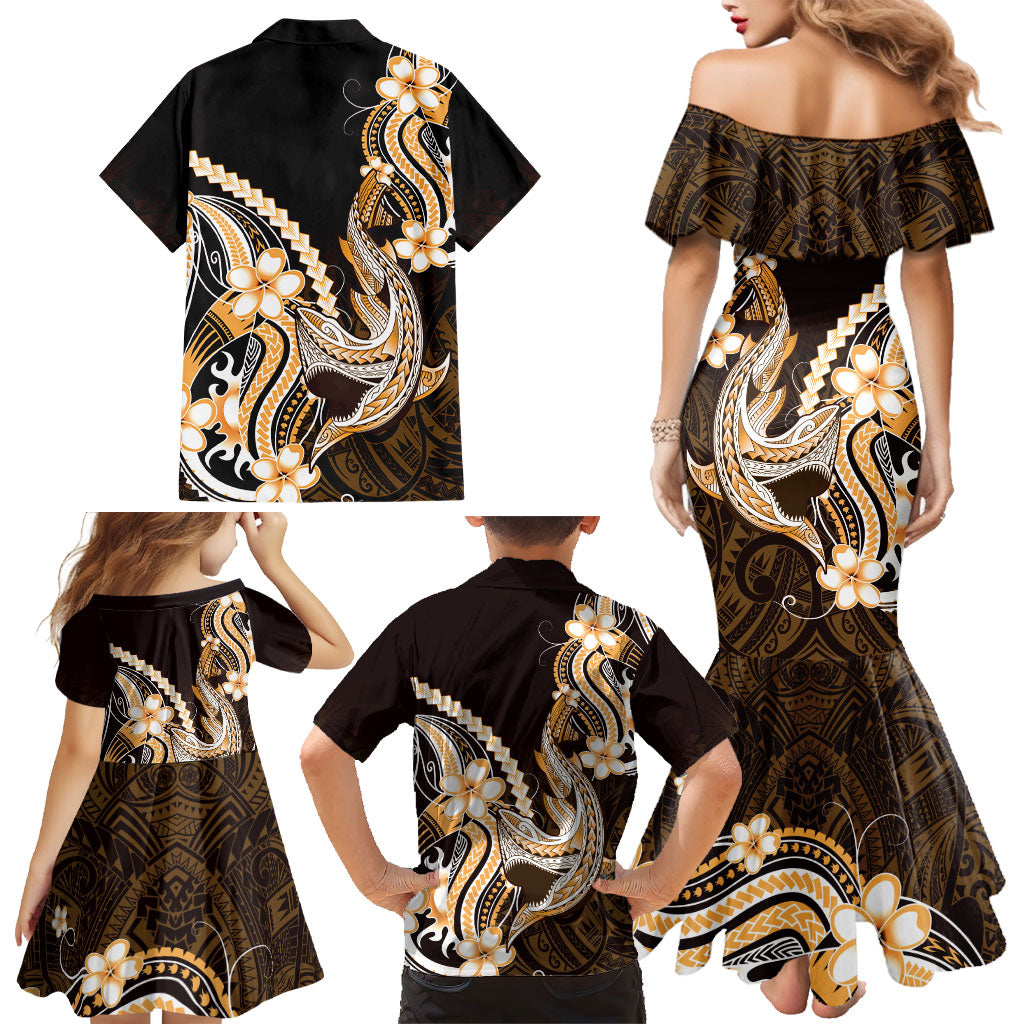 Orange Black Aloha Hawaii Family Matching Mermaid Dress and Hawaiian Shirt Polynesian Shark Tattoo Plumeria LT14 - Polynesian Pride