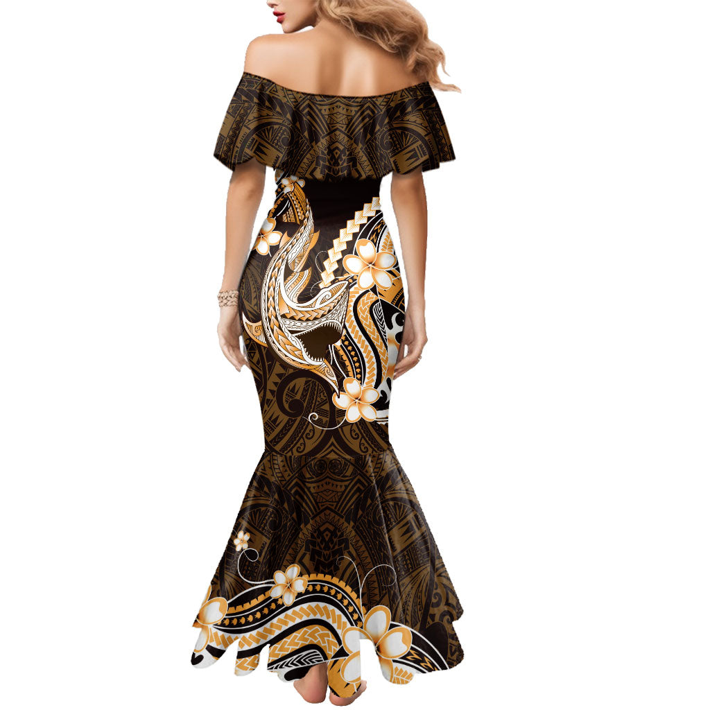 Orange Black Aloha Hawaii Family Matching Mermaid Dress and Hawaiian Shirt Polynesian Shark Tattoo Plumeria LT14 - Polynesian Pride