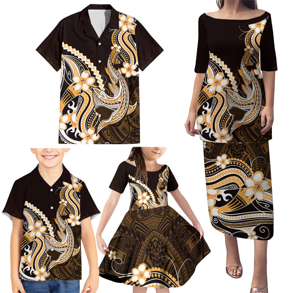 Orange Black Aloha Hawaii Family Matching Puletasi and Hawaiian Shirt Polynesian Shark Tattoo Plumeria