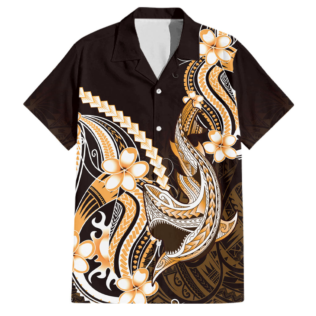 Orange Black Aloha Hawaii Family Matching Puletasi and Hawaiian Shirt Polynesian Shark Tattoo Plumeria LT14 Dad's Shirt - Short Sleeve Orange - Polynesian Pride