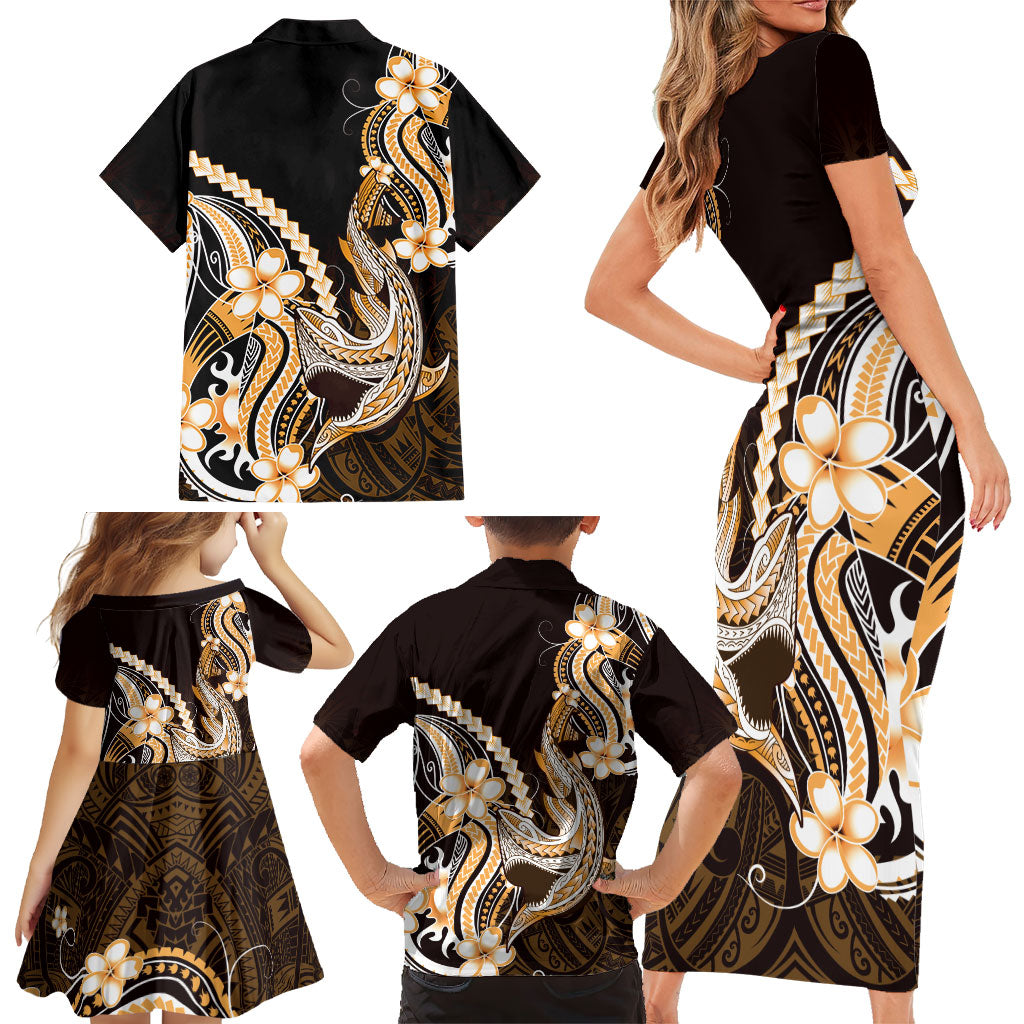 Orange Black Aloha Hawaii Family Matching Short Sleeve Bodycon Dress and Hawaiian Shirt Polynesian Shark Tattoo Plumeria LT14 - Polynesian Pride