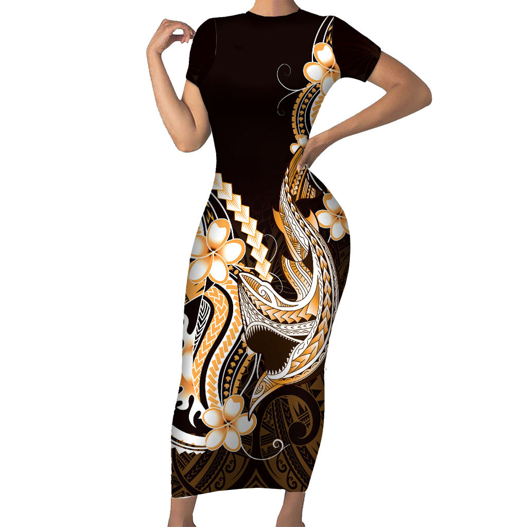 Orange Black Aloha Hawaii Family Matching Short Sleeve Bodycon Dress and Hawaiian Shirt Polynesian Shark Tattoo Plumeria LT14 Mom's Dress Orange - Polynesian Pride