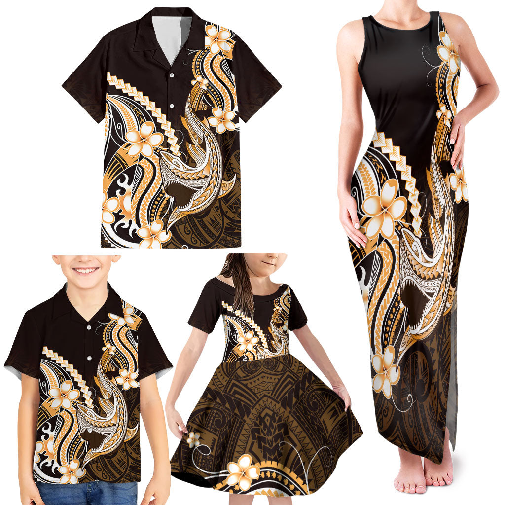Orange Black Aloha Hawaii Family Matching Tank Maxi Dress and Hawaiian Shirt Polynesian Shark Tattoo Plumeria