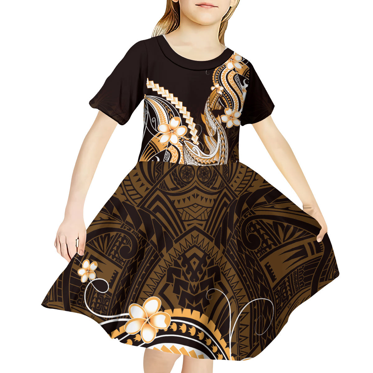 Orange Black Aloha Hawaii Kid Short Sleeve Dress Polynesian Shark Tattoo Plumeria