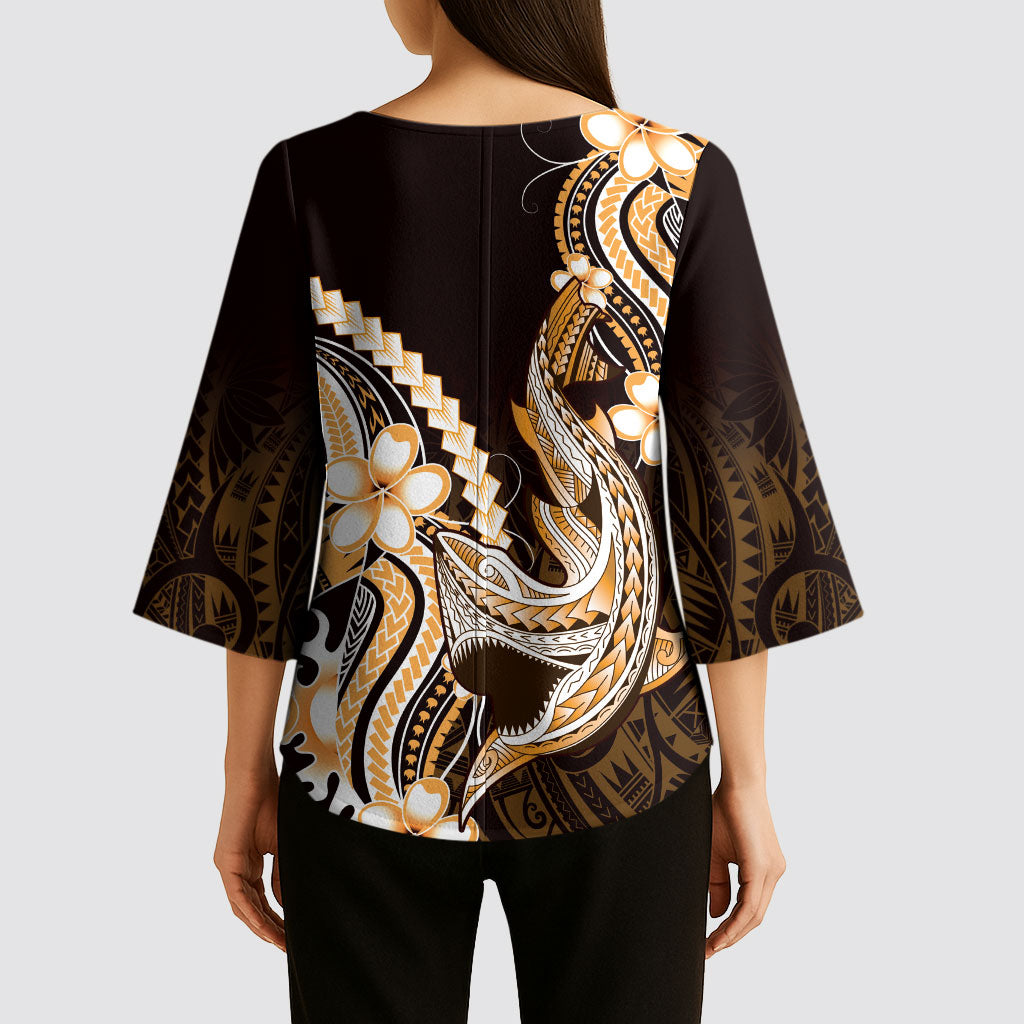 Orange Black Aloha Hawaii Kimono Sleeve Blouse Polynesian Shark Tattoo Plumeria
