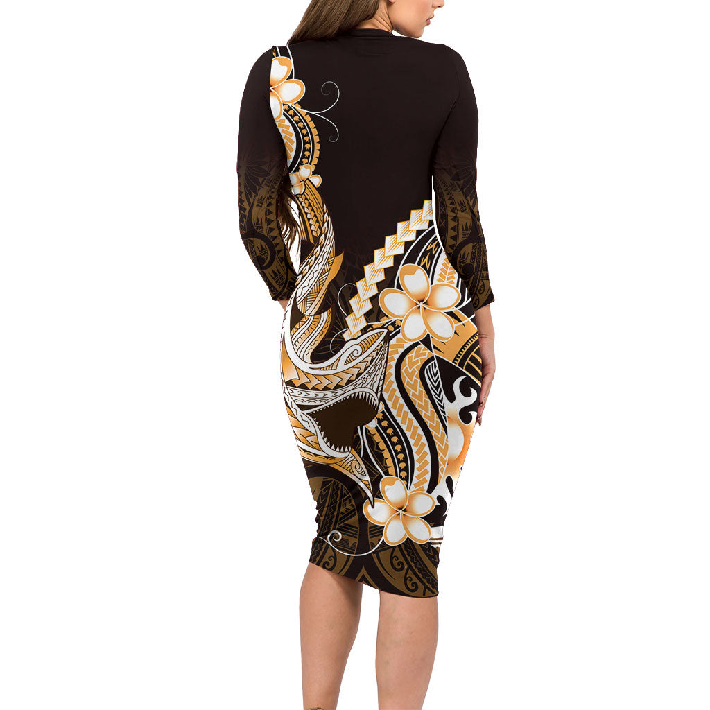 Orange Black Aloha Hawaii Long Sleeve Bodycon Dress Polynesian Shark Tattoo Plumeria LT14 - Polynesian Pride