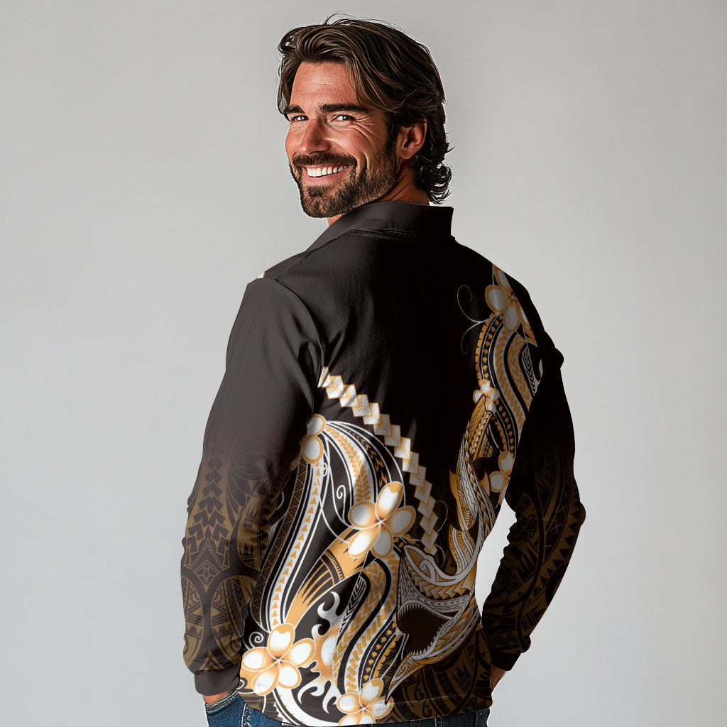 Orange Black Aloha Hawaii Long Sleeve Polo Shirt Polynesian Shark Tattoo Plumeria