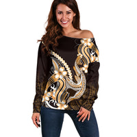 Orange Black Aloha Hawaii Off Shoulder Sweater Polynesian Shark Tattoo Plumeria
