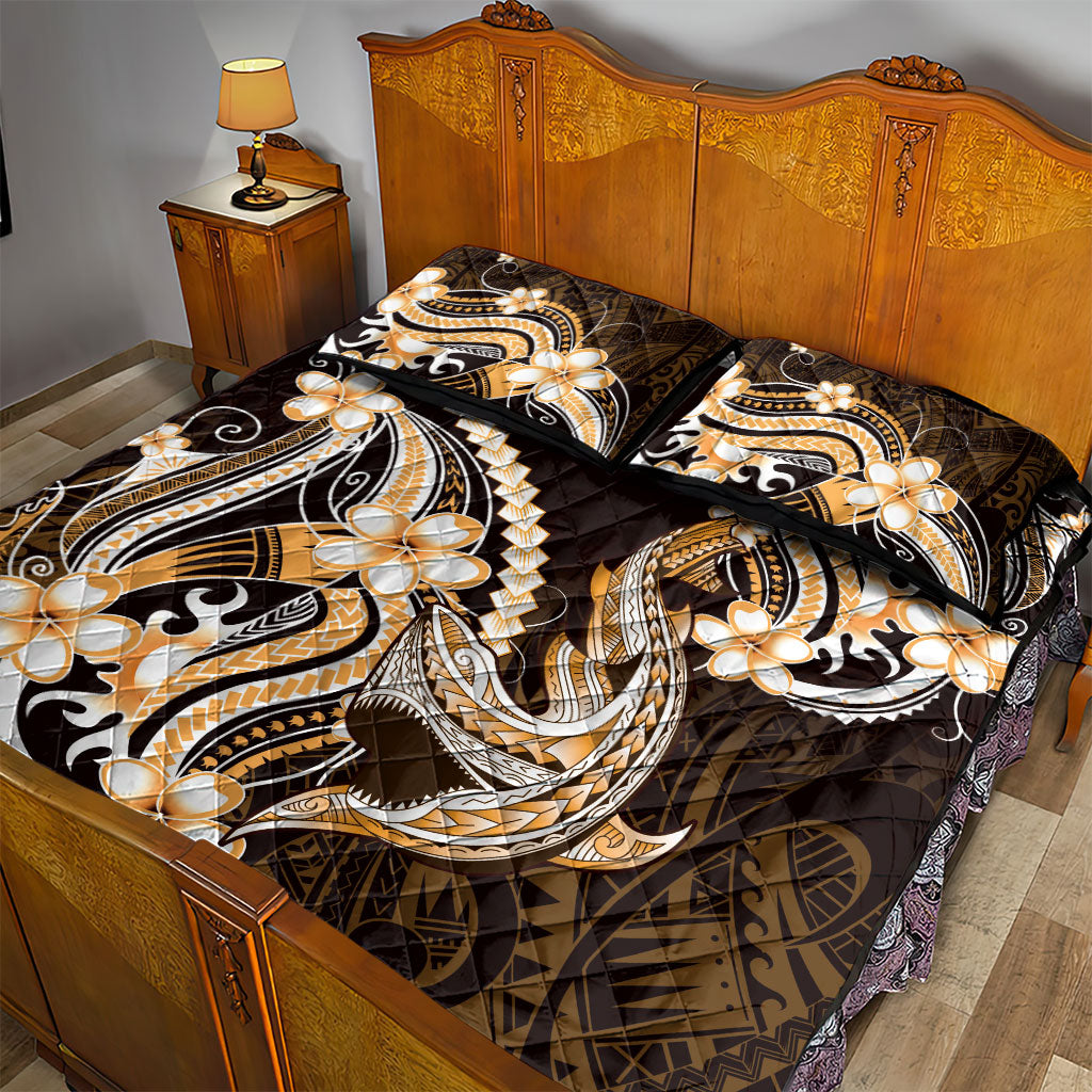 Orange Black Aloha Hawaii Quilt Bed Set Polynesian Shark Tattoo Plumeria