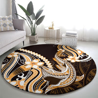 Orange Black Aloha Hawaii Round Carpet Polynesian Shark Tattoo Plumeria