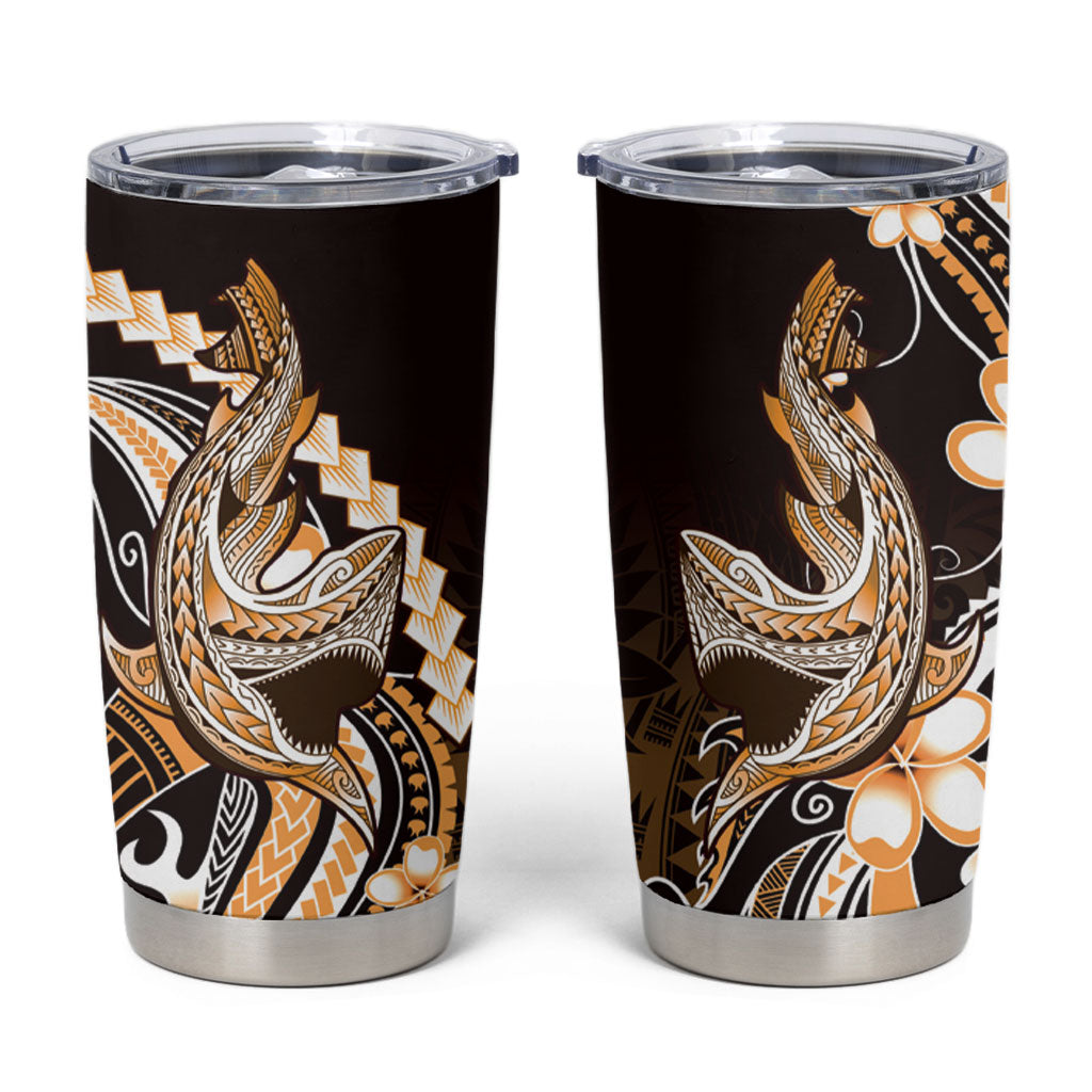Orange Black Aloha Hawaii Tumbler Cup Polynesian Shark Tattoo Plumeria
