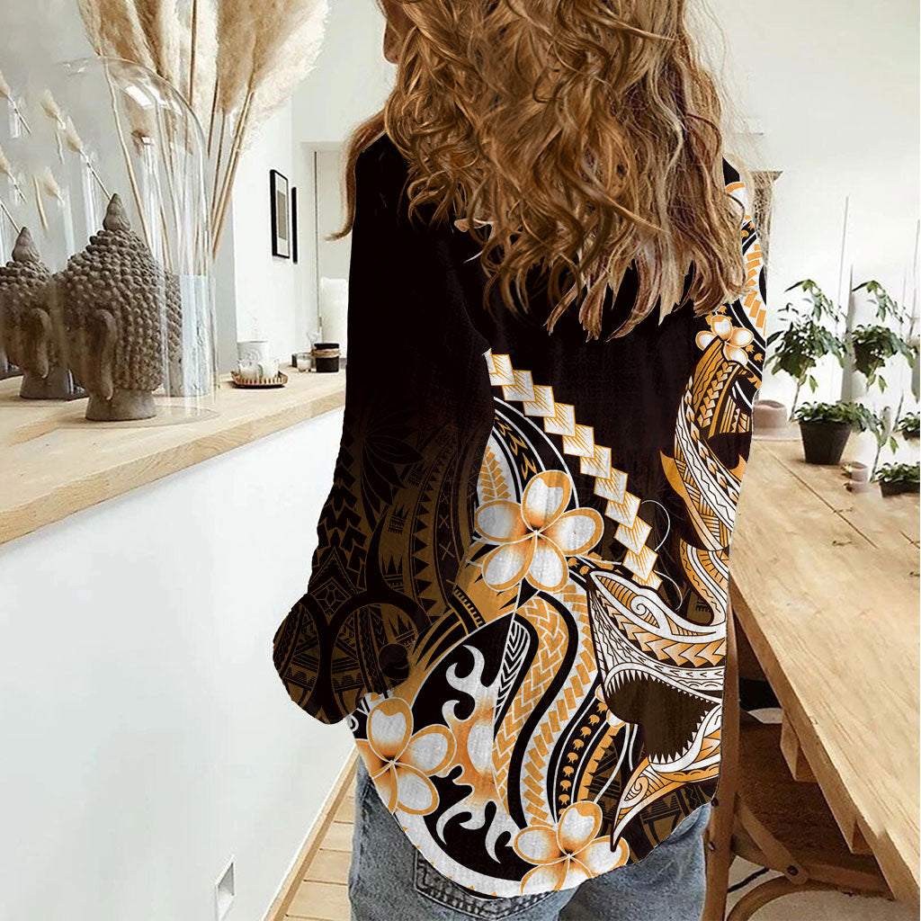 Orange Black Aloha Hawaii Women Casual Shirt Polynesian Shark Tattoo Plumeria LT14 - Polynesian Pride