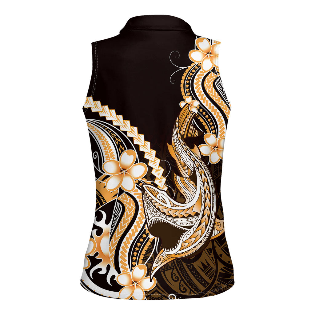 Orange Black Aloha Hawaii Women Sleeveless Polo Shirt Polynesian Shark Tattoo Plumeria LT14 - Polynesian Pride