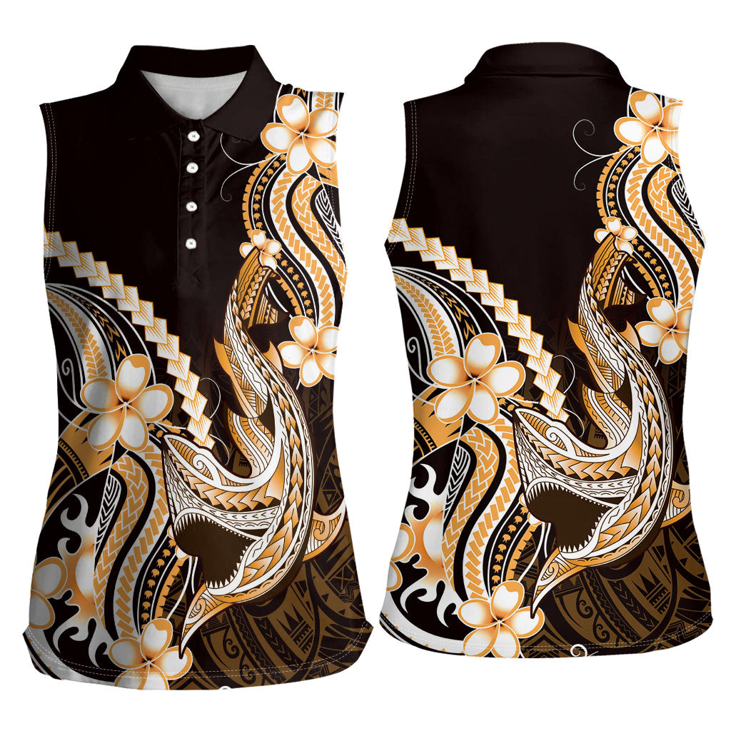 Orange Black Aloha Hawaii Women Sleeveless Polo Shirt Polynesian Shark Tattoo Plumeria LT14 - Polynesian Pride