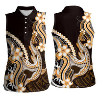 Orange Black Aloha Hawaii Women Sleeveless Polo Shirt Polynesian Shark Tattoo Plumeria LT14 - Polynesian Pride