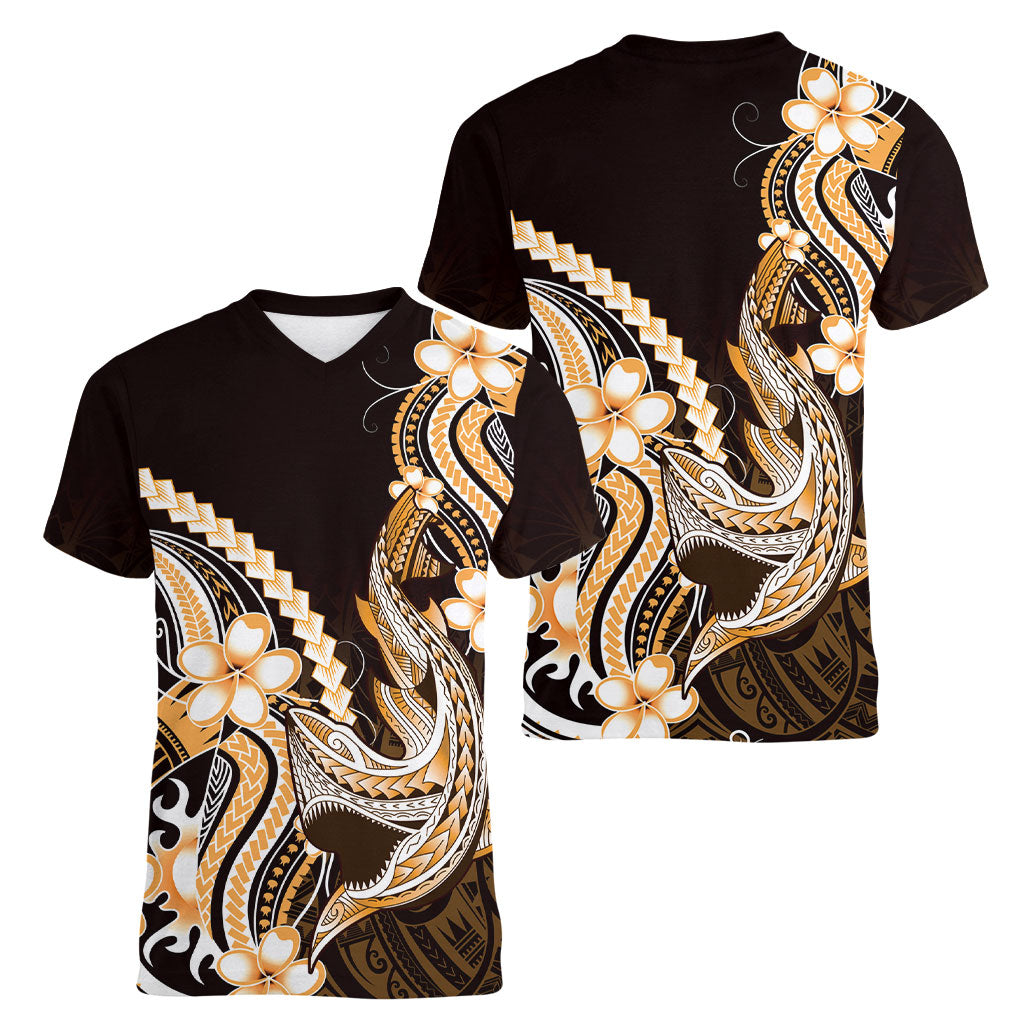 Orange Black Aloha Hawaii Women V-Neck T-Shirt Polynesian Shark Tattoo Plumeria LT14 - Polynesian Pride