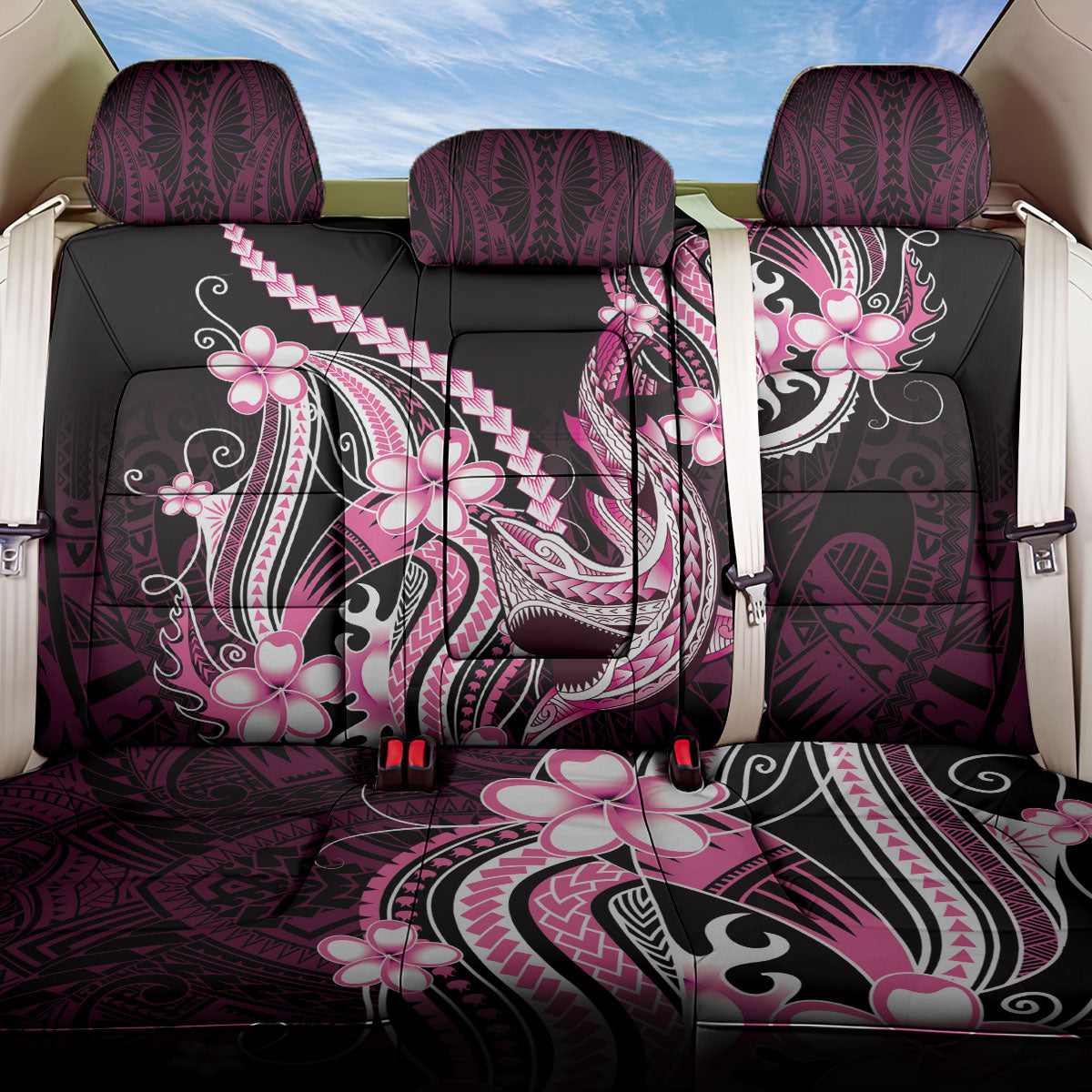 Pink Black Aloha Hawaii Back Car Seat Cover Polynesian Shark Tattoo Plumeria LT14 One Size Pink - Polynesian Pride