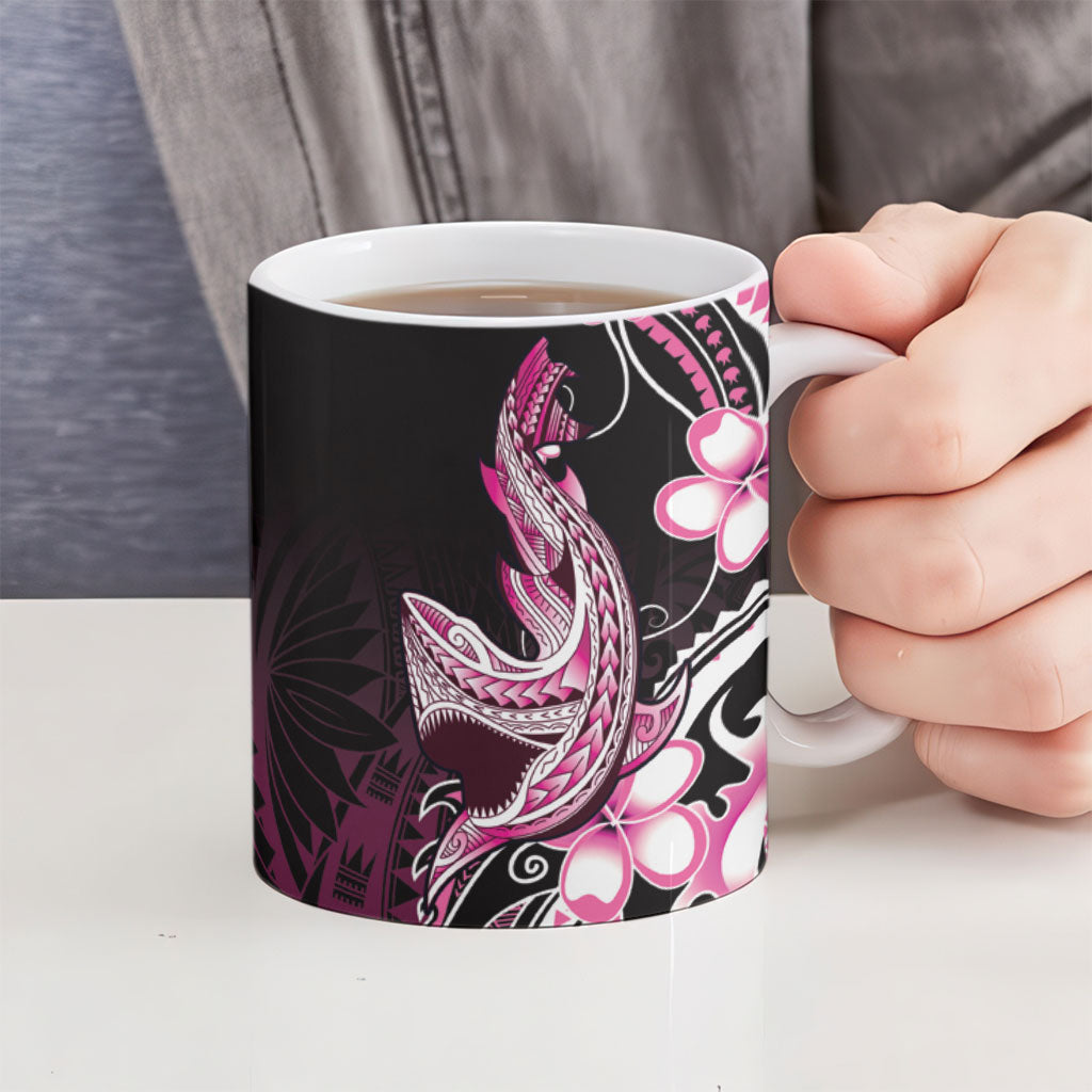 Pink Black Aloha Hawaii Ceramic Mug Polynesian Shark Tattoo Plumeria