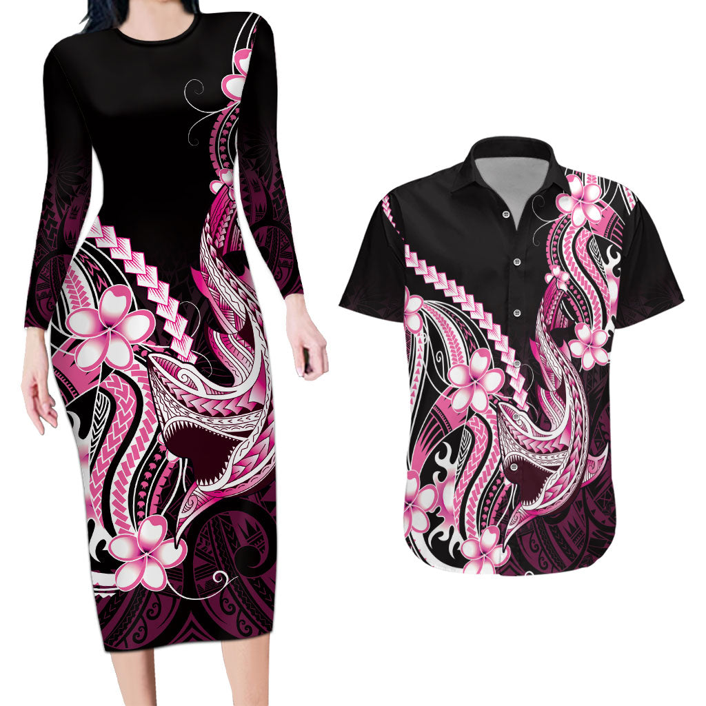 Pink Black Aloha Hawaii Couples Matching Long Sleeve Bodycon Dress and Hawaiian Shirt Polynesian Shark Tattoo Plumeria LT14 Pink - Polynesian Pride