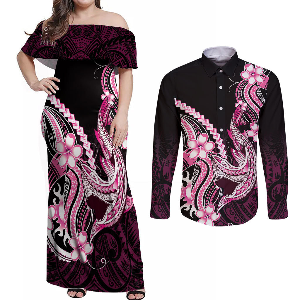 Pink Black Aloha Hawaii Couples Matching Off Shoulder Maxi Dress and Long Sleeve Button Shirt Polynesian Shark Tattoo Plumeria LT14 Pink - Polynesian Pride