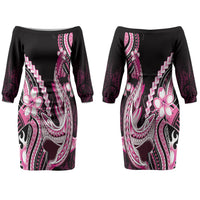 Pink Black Aloha Hawaii Couples Matching Off The Shoulder Long Sleeve Dress and Long Sleeve Button Shirt Polynesian Shark Tattoo Plumeria LT14 - Polynesian Pride