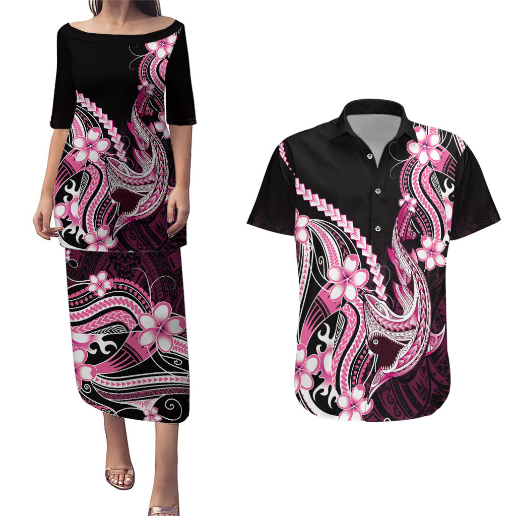 Pink Black Aloha Hawaii Couples Matching Puletasi and Hawaiian Shirt Polynesian Shark Tattoo Plumeria LT14 Pink - Polynesian Pride
