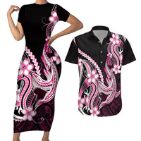 Pink Black Aloha Hawaii Couples Matching Short Sleeve Bodycon Dress and Hawaiian Shirt Polynesian Shark Tattoo Plumeria LT14 Pink - Polynesian Pride