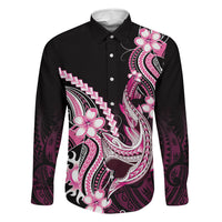 Pink Black Aloha Hawaii Family Matching Off The Shoulder Long Sleeve Dress and Hawaiian Shirt Polynesian Shark Tattoo Plumeria LT14 Dad's Shirt - Long Sleeve Pink - Polynesian Pride