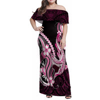 Pink Black Aloha Hawaii Family Matching Off Shoulder Maxi Dress and Hawaiian Shirt Polynesian Shark Tattoo Plumeria LT14 Mom's Dress Pink - Polynesian Pride
