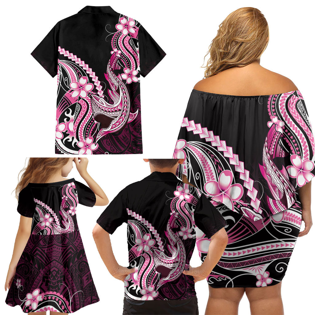 Pink Black Aloha Hawaii Family Matching Off Shoulder Short Dress and Hawaiian Shirt Polynesian Shark Tattoo Plumeria LT14 - Polynesian Pride