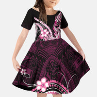 Pink Black Aloha Hawaii Family Matching Short Sleeve Bodycon Dress and Hawaiian Shirt Polynesian Shark Tattoo Plumeria LT14 Daughter's Dress Pink - Polynesian Pride