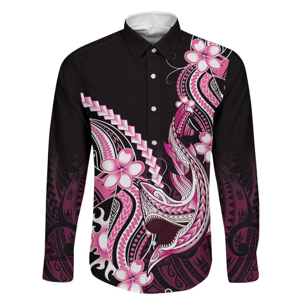 Pink Black Aloha Hawaii Family Matching Short Sleeve Bodycon Dress and Hawaiian Shirt Polynesian Shark Tattoo Plumeria LT14 Dad's Shirt - Long Sleeve Pink - Polynesian Pride