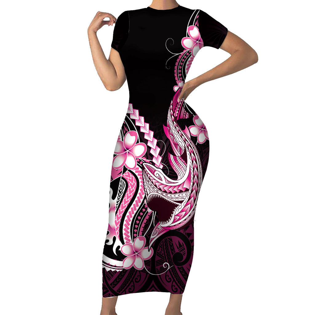 Pink Black Aloha Hawaii Family Matching Short Sleeve Bodycon Dress and Hawaiian Shirt Polynesian Shark Tattoo Plumeria LT14 Mom's Dress Pink - Polynesian Pride