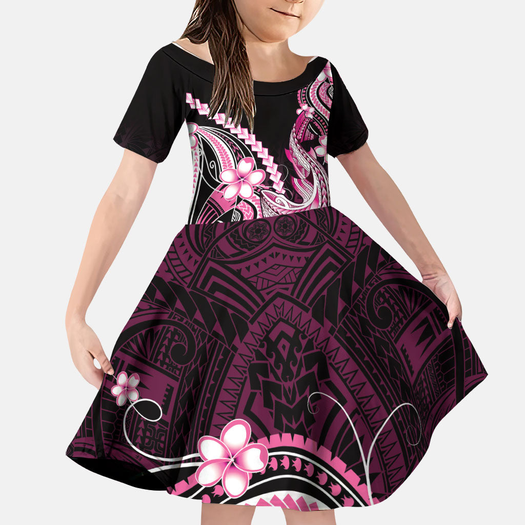 Pink Black Aloha Hawaii Family Matching Summer Maxi Dress and Hawaiian Shirt Polynesian Shark Tattoo Plumeria LT14 Daughter's Dress Pink - Polynesian Pride