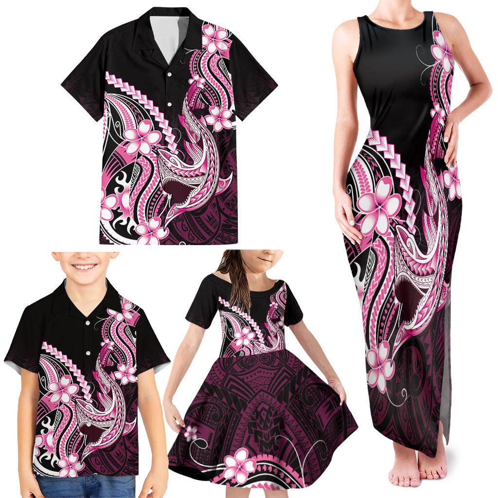 Pink Black Aloha Hawaii Family Matching Tank Maxi Dress and Hawaiian Shirt Polynesian Shark Tattoo Plumeria