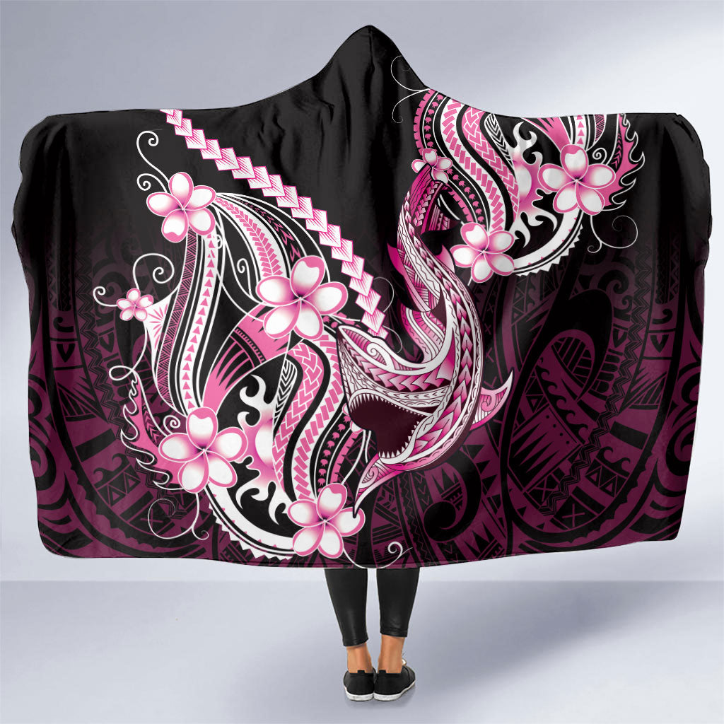Pink Black Aloha Hawaii Hooded Blanket Polynesian Shark Tattoo Plumeria LT14 One Size Pink - Polynesian Pride
