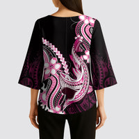 Pink Black Aloha Hawaii Kimono Sleeve Blouse Polynesian Shark Tattoo Plumeria