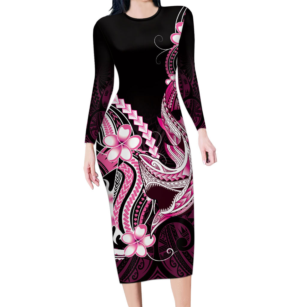 Pink Black Aloha Hawaii Long Sleeve Bodycon Dress Polynesian Shark Tattoo Plumeria LT14 Long Dress Pink - Polynesian Pride
