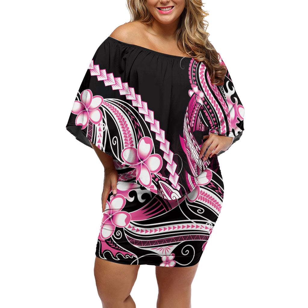 Pink Black Aloha Hawaii Off Shoulder Short Dress Polynesian Shark Tattoo Plumeria