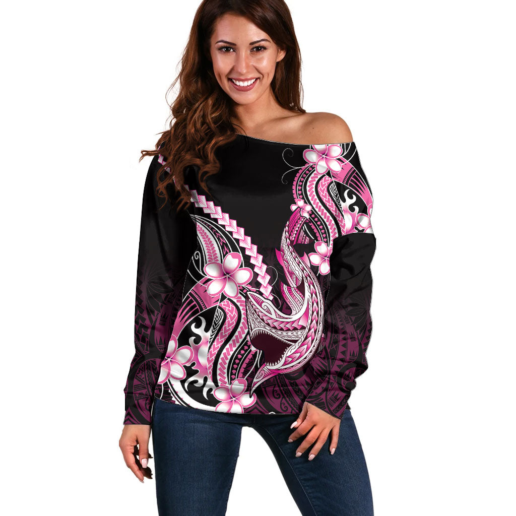 Pink Black Aloha Hawaii Off Shoulder Sweater Polynesian Shark Tattoo Plumeria
