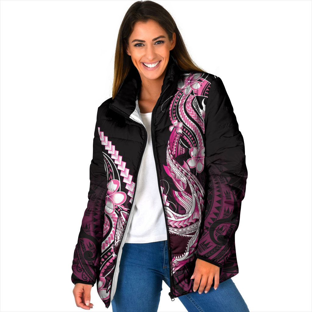 Pink Black Aloha Hawaii Padded Jacket Polynesian Shark Tattoo Plumeria LT14 Women Pink - Polynesian Pride