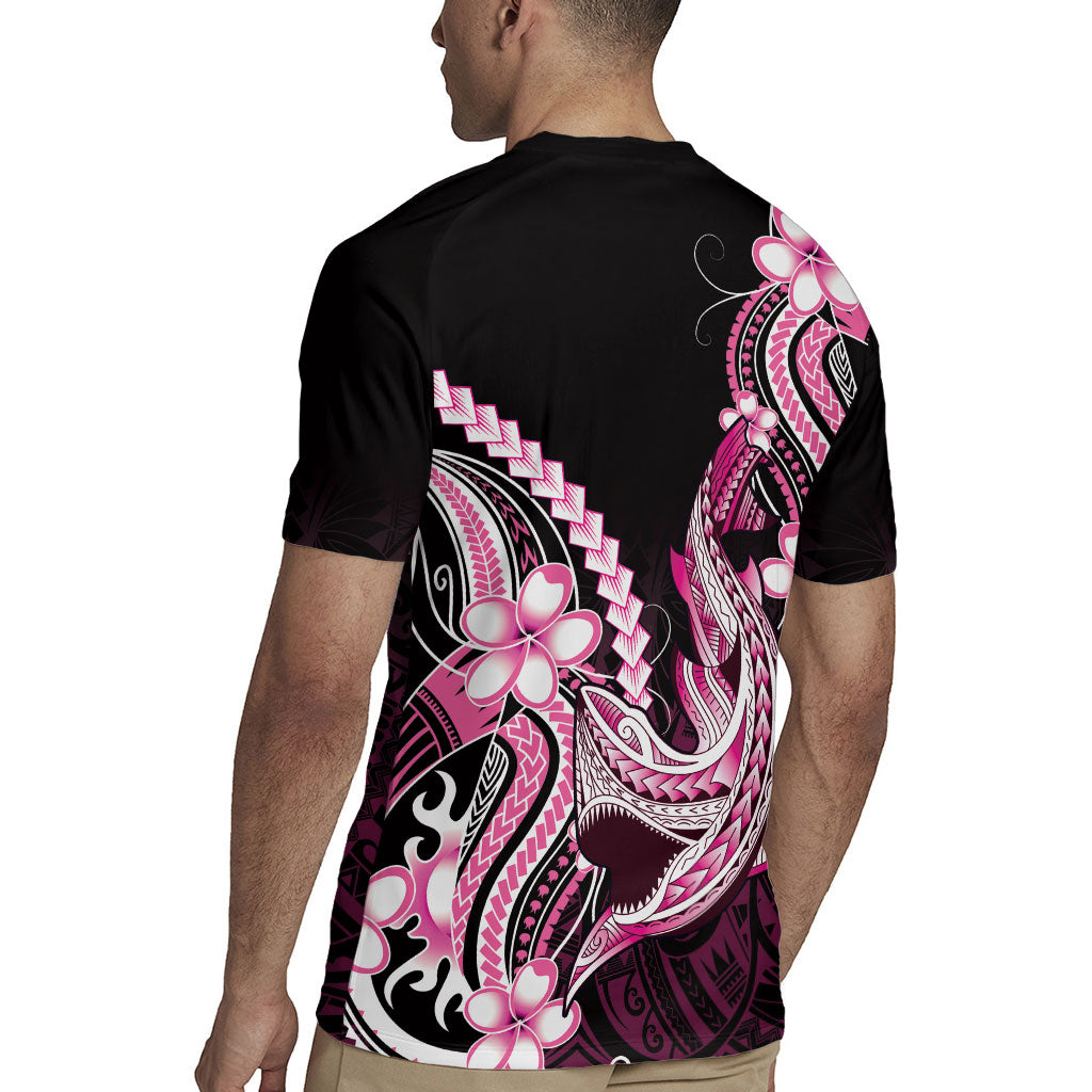 Pink Black Aloha Hawaii Rugby Jersey Polynesian Shark Tattoo Plumeria