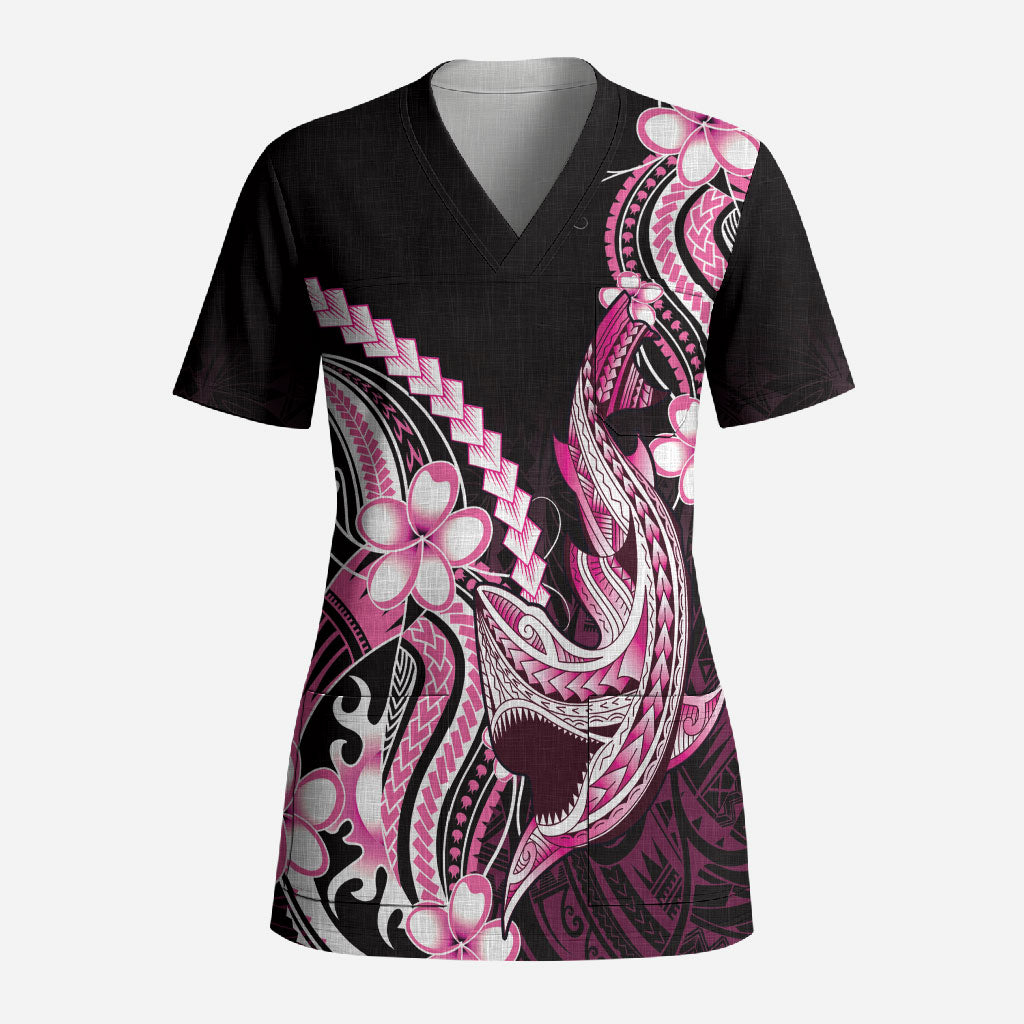 Pink Black Aloha Hawaii Scrub Top Polynesian Shark Tattoo Plumeria
