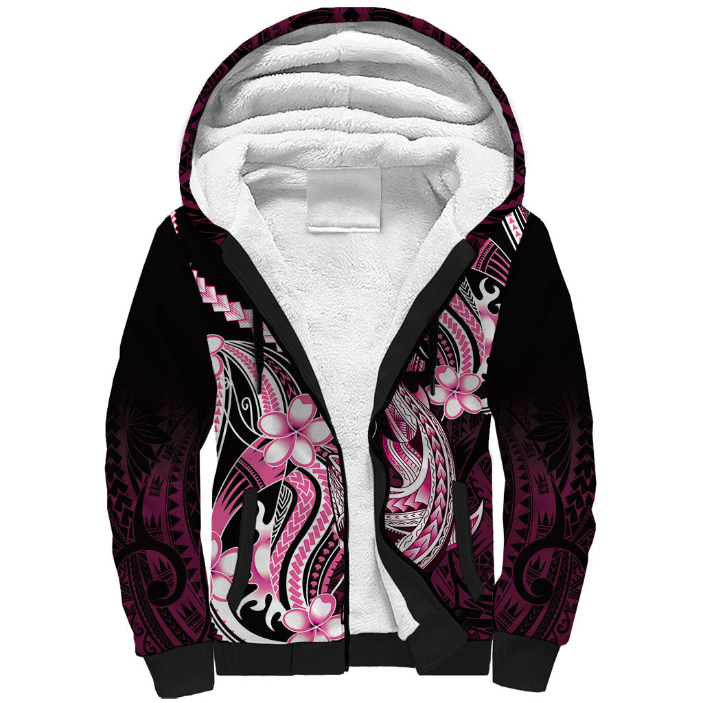 Pink Black Aloha Hawaii Sherpa Hoodie Polynesian Shark Tattoo Plumeria