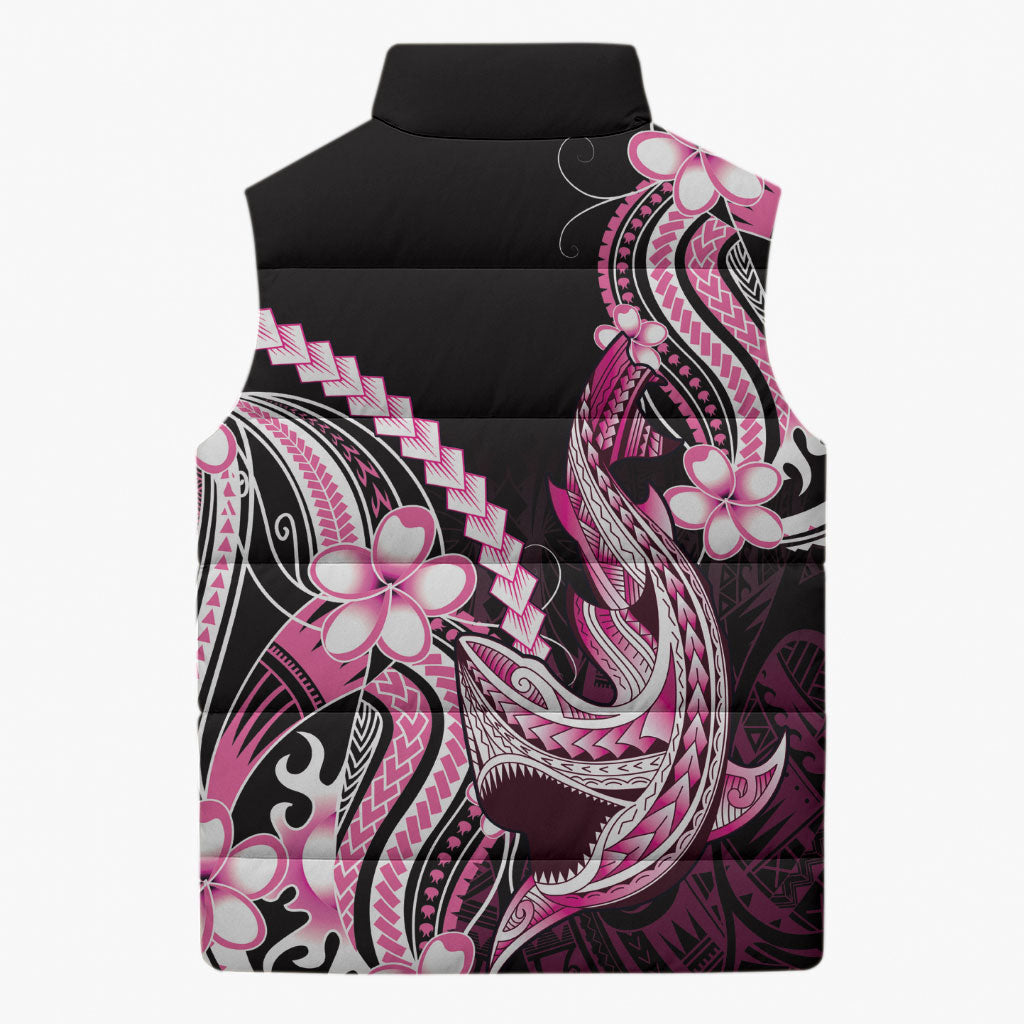Pink Black Aloha Hawaii Sleeveless Puffer Jacket Polynesian Shark Tattoo Plumeria