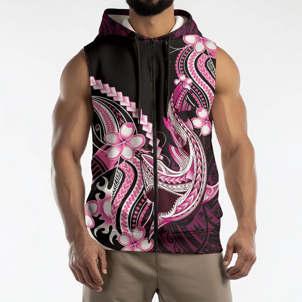 Pink Black Aloha Hawaii Sleeveless Zip Hoodie Polynesian Shark Tattoo Plumeria