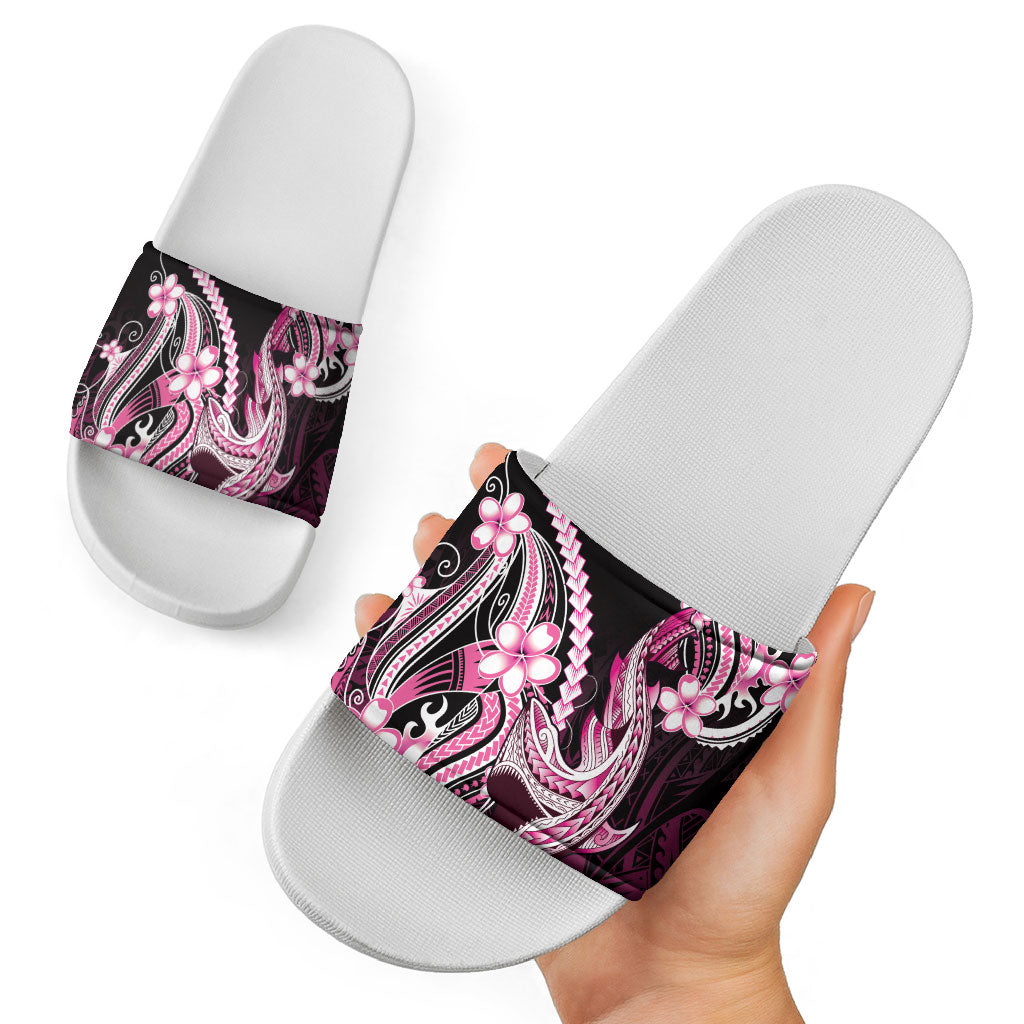 Pink Black Aloha Hawaii Slide Sandals Polynesian Shark Tattoo Plumeria